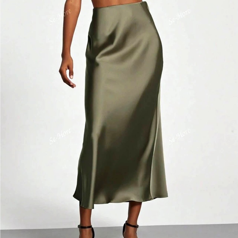 Elegant Olive Green Satin Skirt